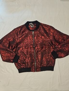 DiBanGu Men's Medium Paisley Casual Zip Lightweight Bomber Jacket Red Black